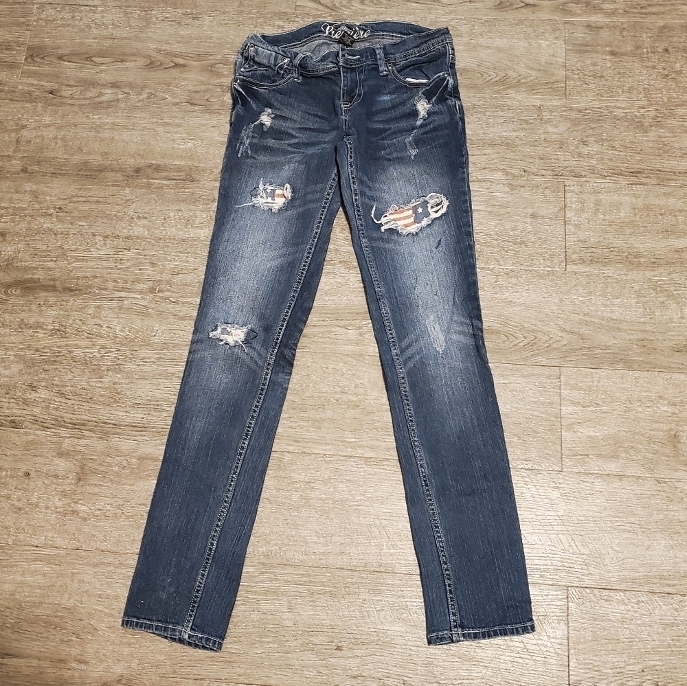 Premiere y2k Low Rise‎ American Flag Distressed Denim Skinny Jeans 3/4 Americana
